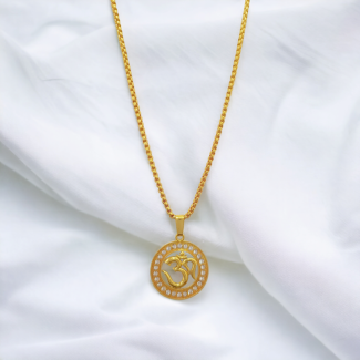 Premium Round Gold Plated Om Pendant Crystal With Chain