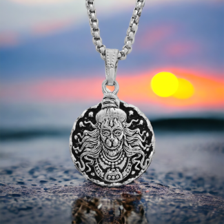 Silver Plated Round Hanuman Pendant With Chain